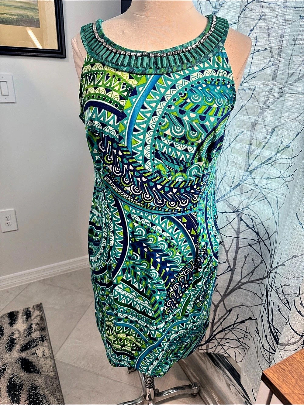 Sandra Darren Geometric Midi Dress in Green & Blue Size 14P Like New